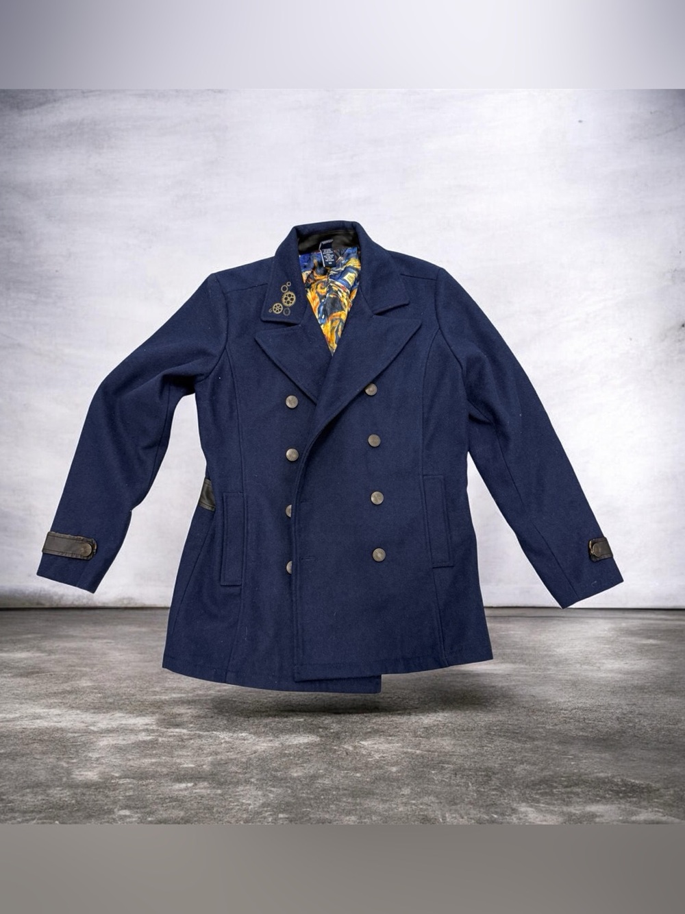 Doctor Who Navy Double-Breasted Pea Coat Patterned Lining Hot Topic Tardis Jacke